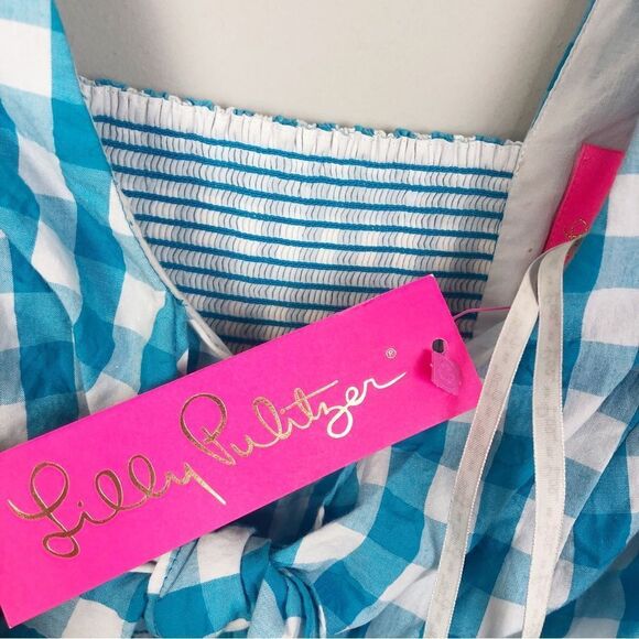 LILLY PULITZER | NEW Sarafina Turquoise Oasis Crinkle Gingham Top Women’s Size 4 - Picture 11 of 15